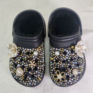 Kids Lined Black Bejeweled Clogs